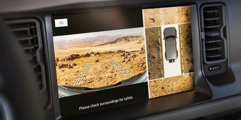 Close-up of the 2024 Ford Bronco's dashboard display showing a terrain camera system with 360-dgree view for off-road nnavigation